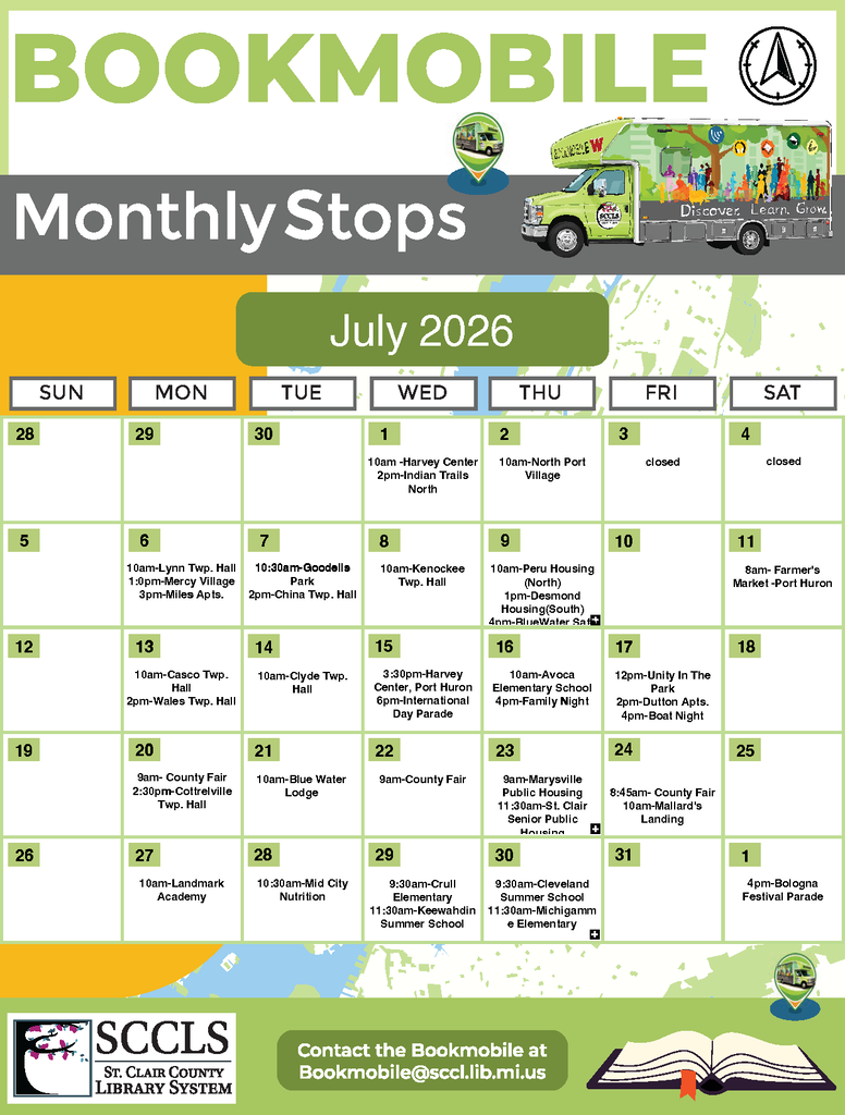 St Clair County Library Book Mobile July 2026 schedule