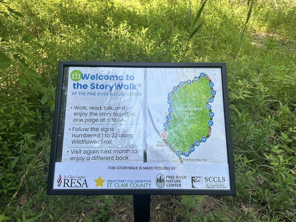 The welcome sign panel to the StoryWalk at the Pine River Nature Center