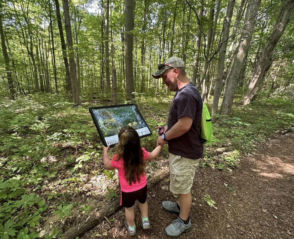An adult holds the hand of a toddler as they stand in front of a StoryWalk panel at the Pine River Nature Center. A forest of tress is visible in the background.
