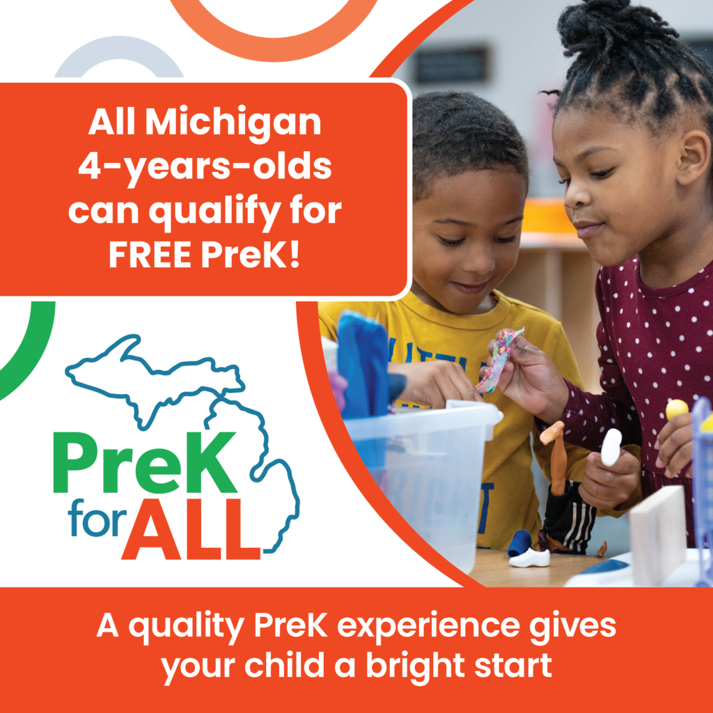 Two preschoolers play with dolls and text that reads, "All Michigan 4-year-olds can qualify for FREE PreK! A quality PreK experience gives your child a bright start."
