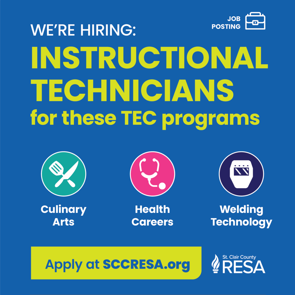 RESA logo and icons of cooking utensils, a stethoscope, and welding mask with text that reads, "We're hiring: Instructional Technicians for these TEC programs— Culinary arts, health careers, and Welding technology."