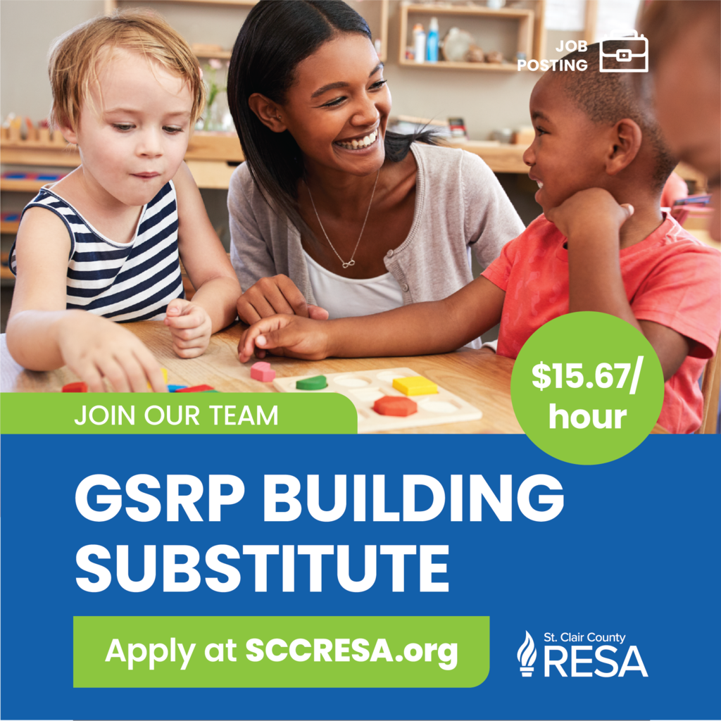 A young adult sits at a table with two preschoolers working on a wood puzzle with text reading, "Join our team. GSRP building substitute. Apply at sccresa.org"