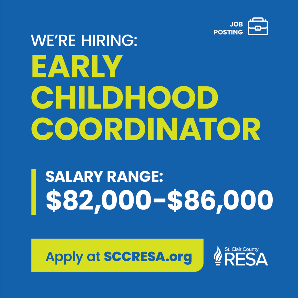RESA logo with text reading, "We're hiring: Early Childhood Coordinator. Salary range: $82,000-$86,000. Apply at www.sccresa.org"