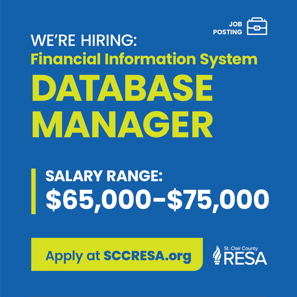 RESA logo in the lower right-hand corner with text reading, "We're hiring: Financial Information System Database Manager. Salary range: $65,000-$75,000. Apply at www.sccresa.org"