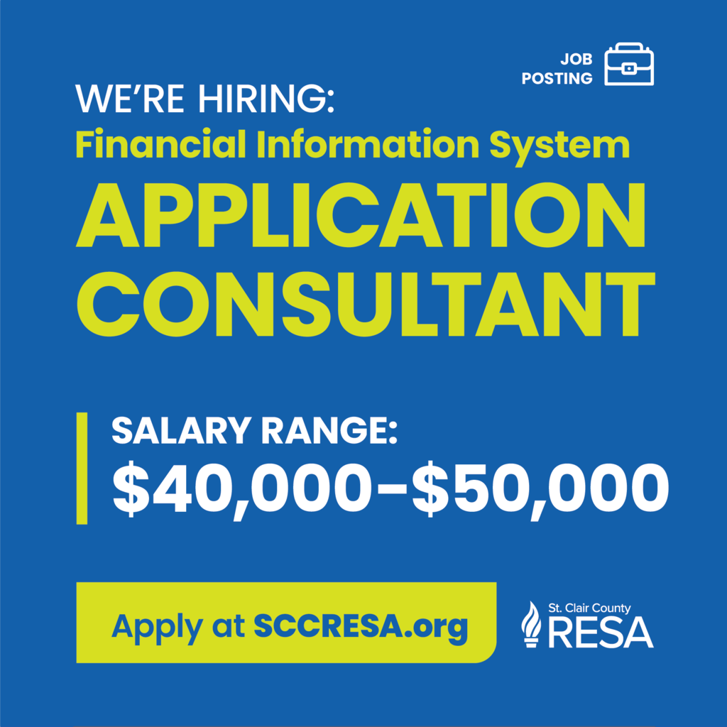 RESA logo in the lower right-hand corner with text reading, "We're hiring: Financial Information System Application Consultant. Salary range: $40,000-$50,000. Apply at www.sccresa.org"