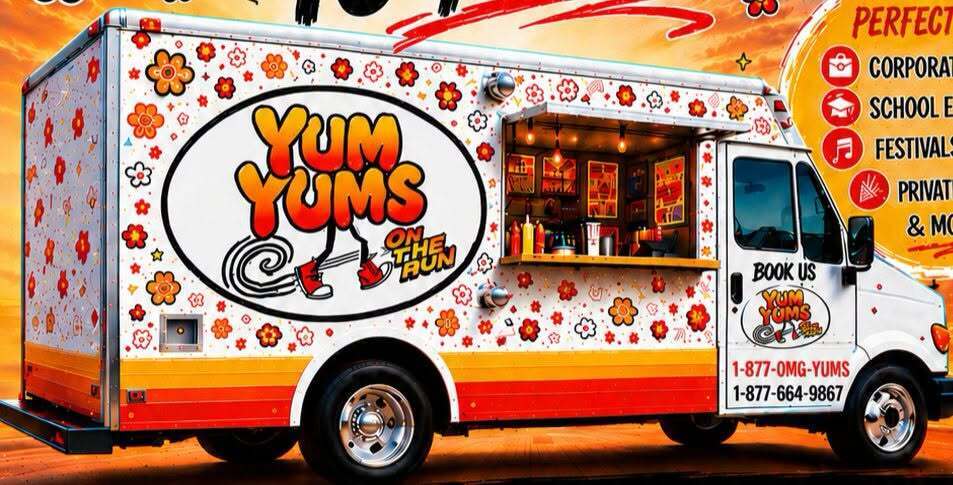Yum Yums On the Run Food Truck Colorful truck with red and yellow stripes and flowers