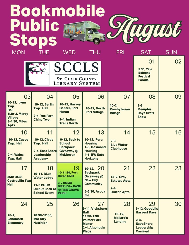 St Clair County Library August 2026 Book Mobile Schedule
