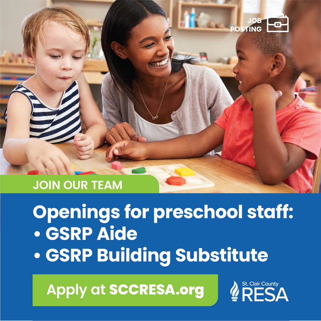 Preschool teachers sits with students at a table in a preschool classroom. Text reads, "Join our team. Openings for preschool staff: GSRP Aide and GSRP Building Substitute.'