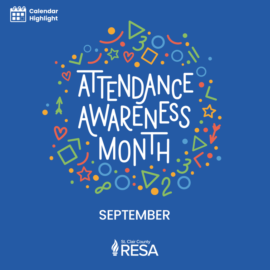Colorful doodle shapes on a dark blue background, SCCRESA logo, and text reading, "Attendance Awareness Month, September."