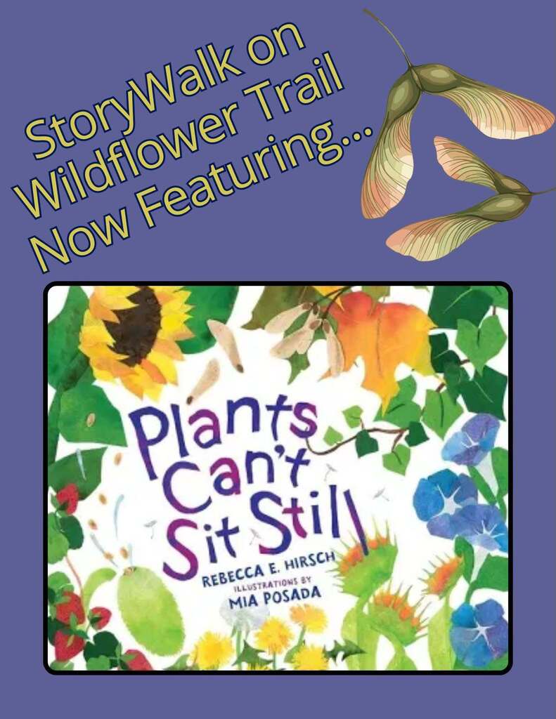 Cover of the children's book, "Plants Can't Stand Still," with text reading "StoryWalk on Wildflower Train Now feauturing"