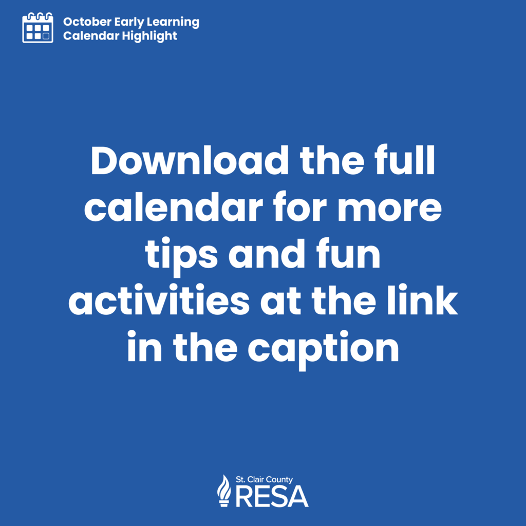 Calendar icon and RESA logo on a dark blue background with text reading, "Download the full calendar for more tips and fun activities at the link in the caption."