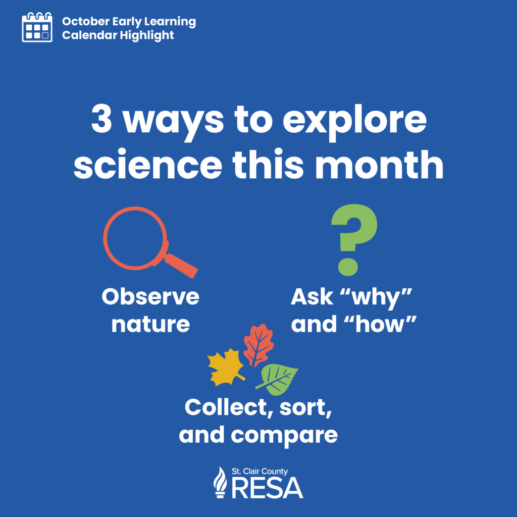 Icons of calendar, magnifying glass, questions mark, and leaves with text reading, "October Early Learning Calendar. 3 ways to explore science this month: Observe nature, ask ahy and how, and collect, sort, and compare."