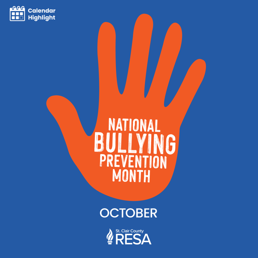 Outline of a hand silhouette palm up with text that reads, "National Bullying Prevention Month."