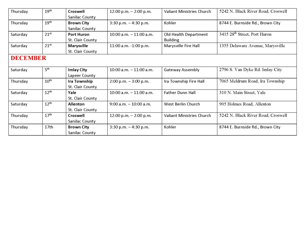 Pop up schedule