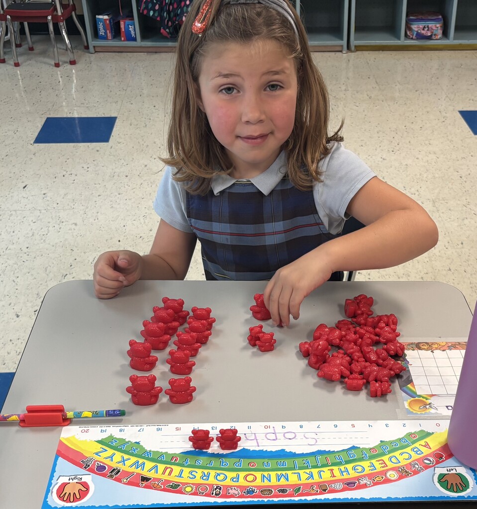 Student sorting and counting red bears