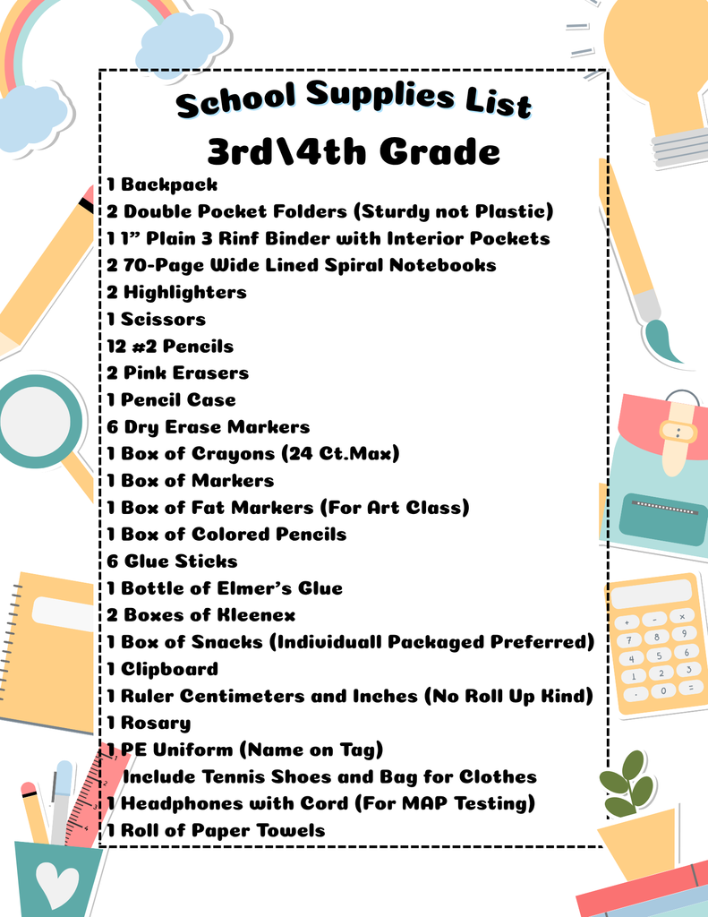3rd 4th Grade Supply List
