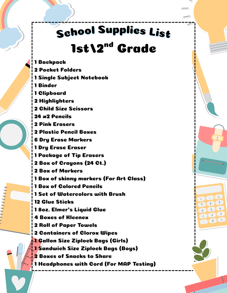 1st 2nd Grade Supply List