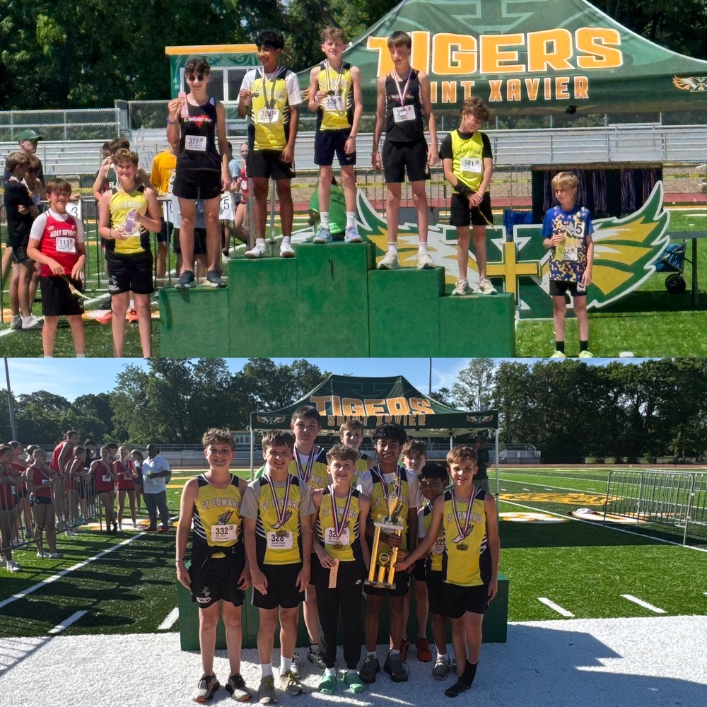 St. Edward 5/6 boys track and field team members pose together after being named Team City Champions, celebrating their strong performances in the 100m and 800m events.