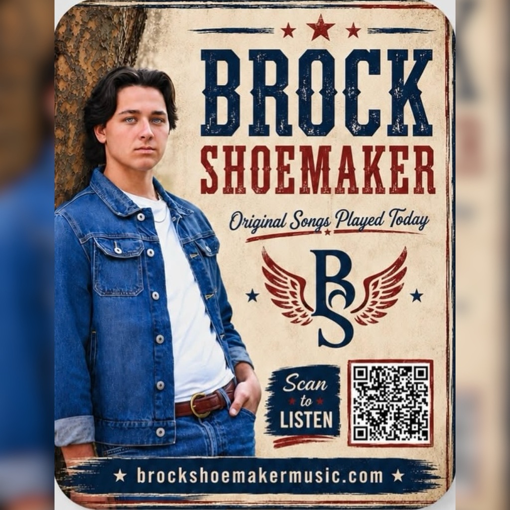 Promotional fan featuring Brock Shoemaker with a QR code and information about his original songs and music website.