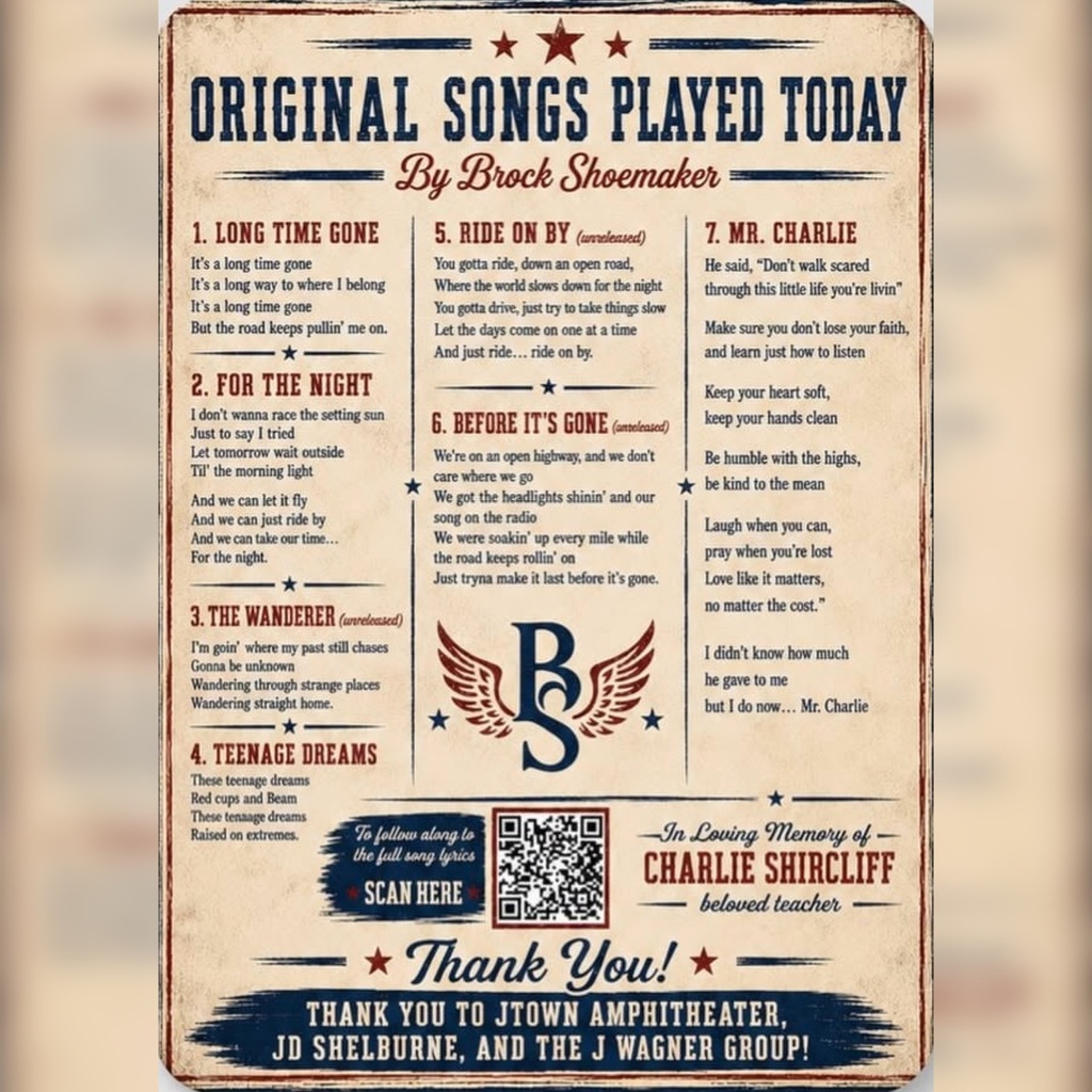 Back side of a Brock Shoemaker promotional fan listing original songs played today, a QR code to view lyrics, and a thank-you message honoring Charlie Shircliff and the event organizers.