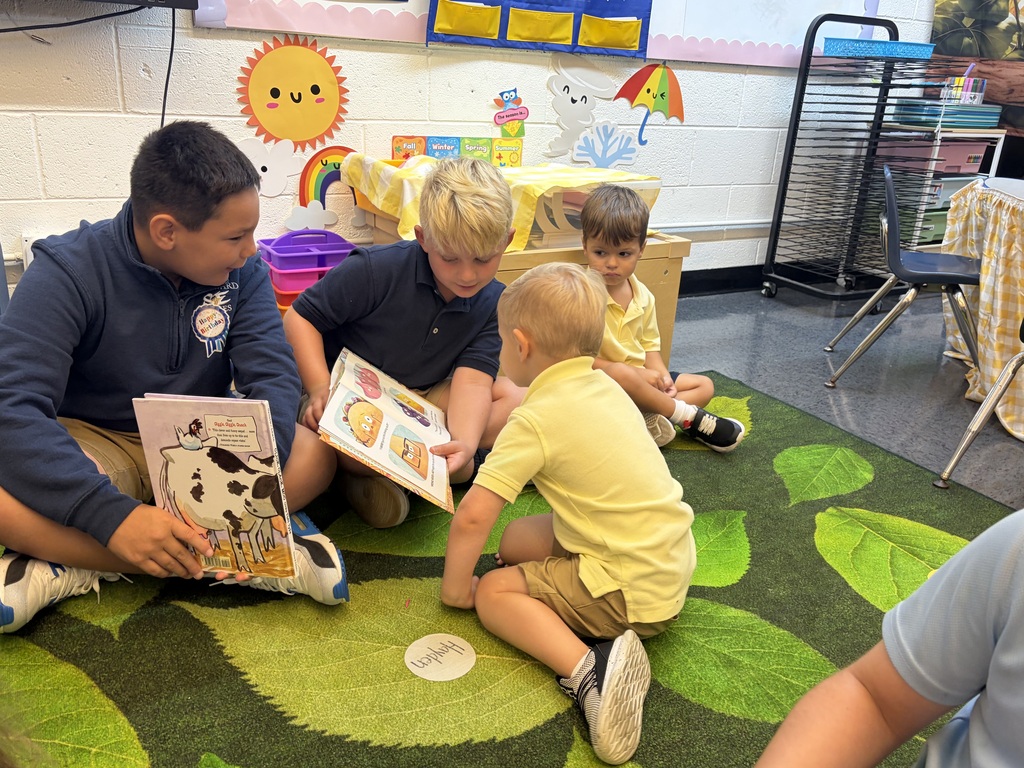 Older students read picture books with preschool students during Brave Buddies, sharing time together in the classroom and building friendships through reading.