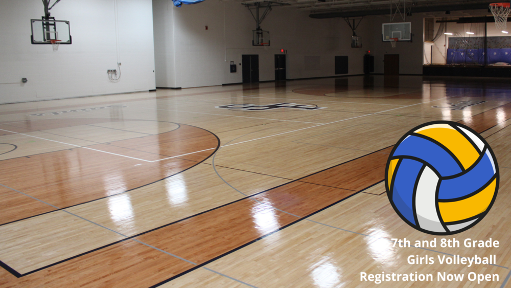 MS gym with volleyball graphic and text