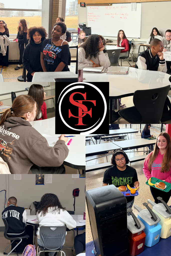 Collage of photos showing 8th grade students paired up with a High School Mentor during the school day.