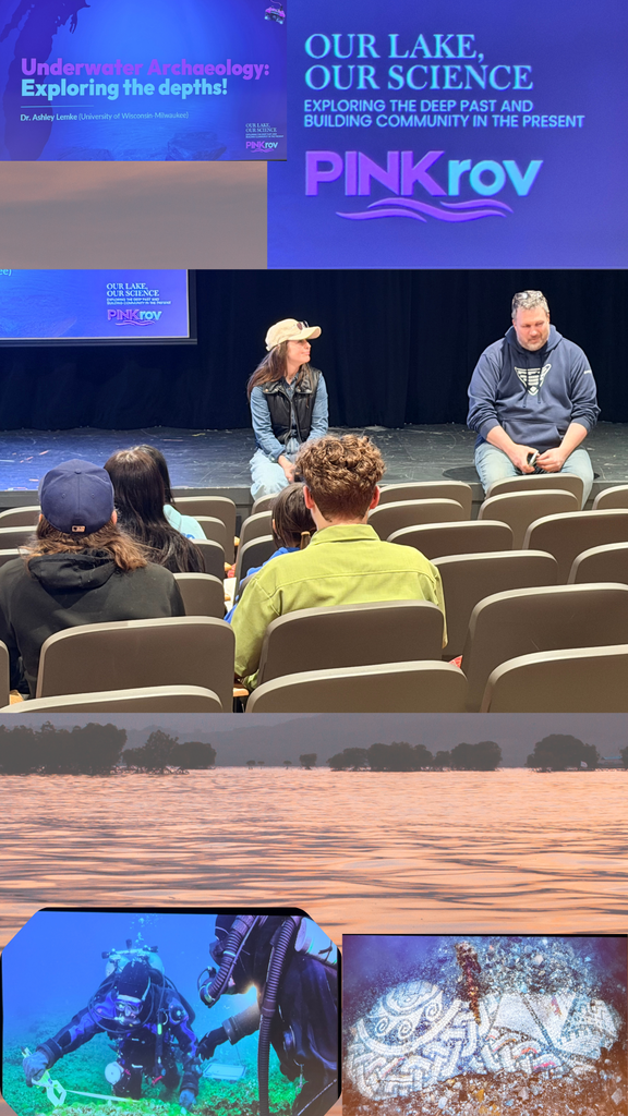 A flyer showing two speakers sitting on the stage with students in the audience. Underwater photos are shown at the bottom and a blue and purple title bar is at the top. The title says, Our Lake, Our Science