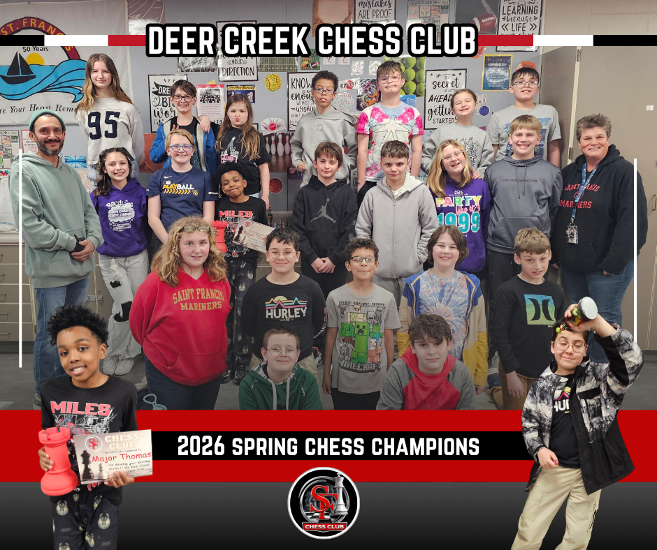 Image of chess club students and a banner that reads, 2026 Spring Chess Champions. 