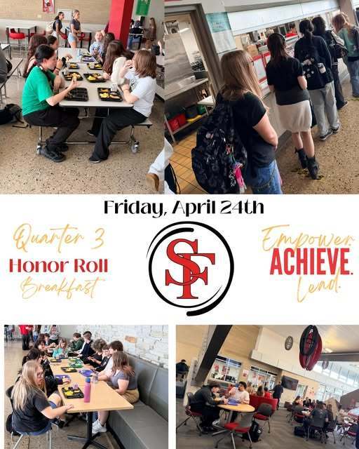 four photos of students at the Honor Roll breakfast on April 24th and the Saint Francis logo in the center. 