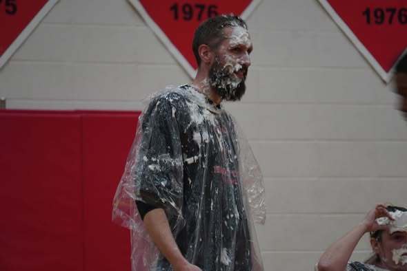 Teacher after being hit by a cream pie at an assembly
