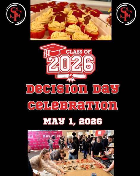 Decision Day Celebration flyer showing baked goods and Seniors in the student lounge