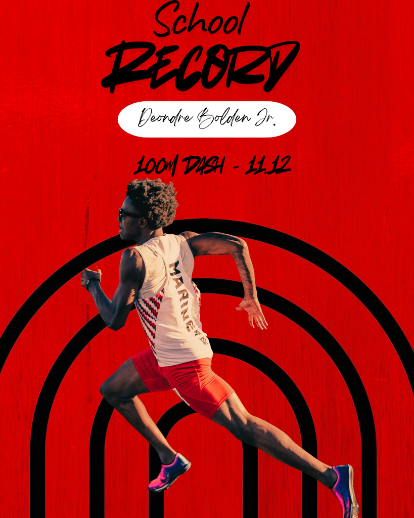 Graphic showing the track runner and the words, School Record 100M Dash at the top. 