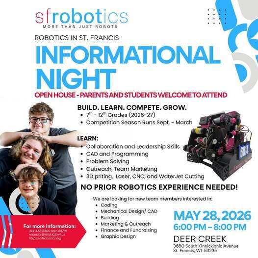 sfrobotics Information Night flyer with information on the night, May 28, 6-8pm, at Deer Creek