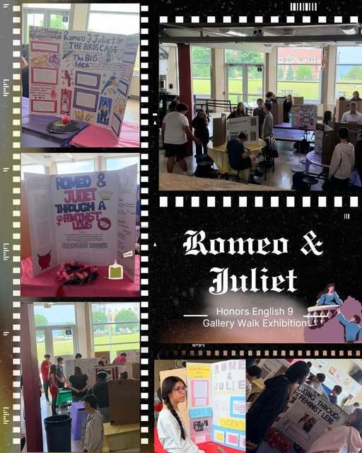 Collage of photos from English Classes' Romeo & Juliet gallery including posters and students looking and talking about their posters