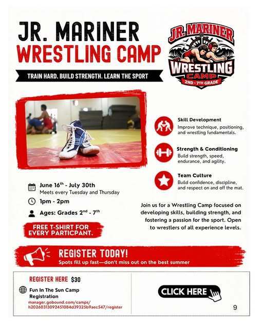 Junior Mariner Wrestling Camp Flyer for 2nd-7th Grades including date, time, location
