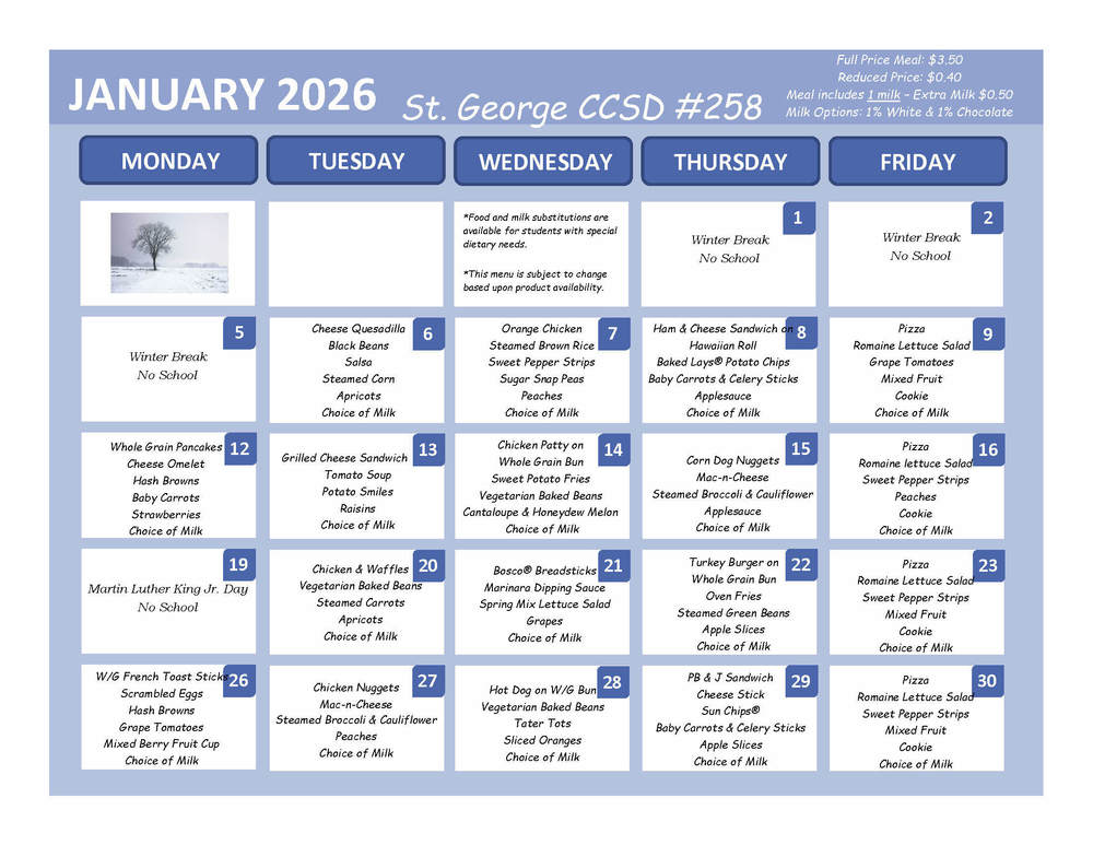 January 2026 Lunch Menu