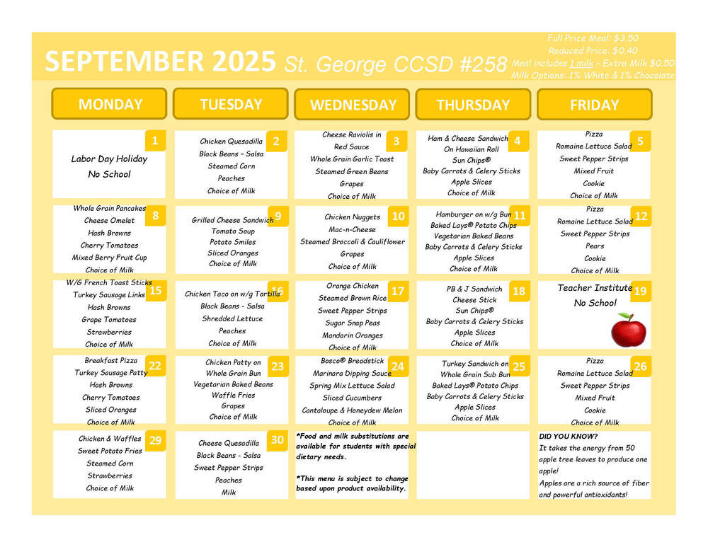 September 2025 Lunch Menu
