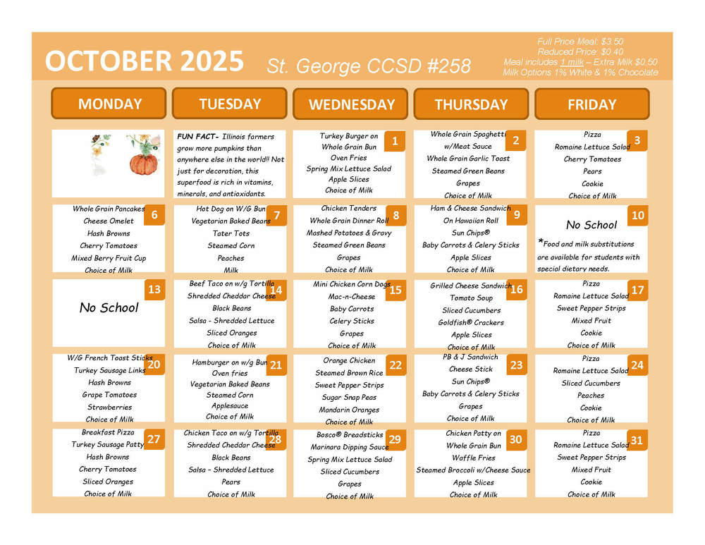 October 2025 Lunch Menu