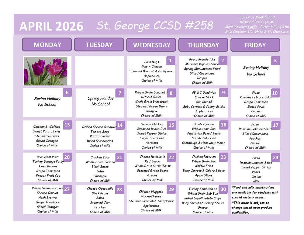 April 2026 Lunch Menu