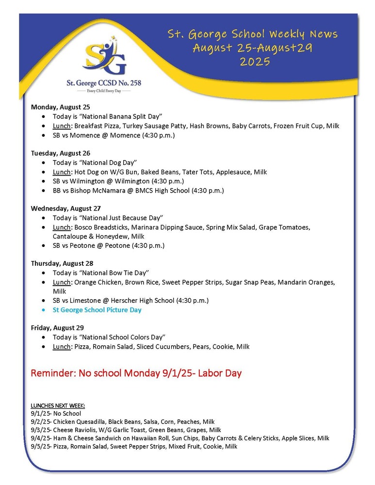 Weekly Newsletter 8/25-8/29
