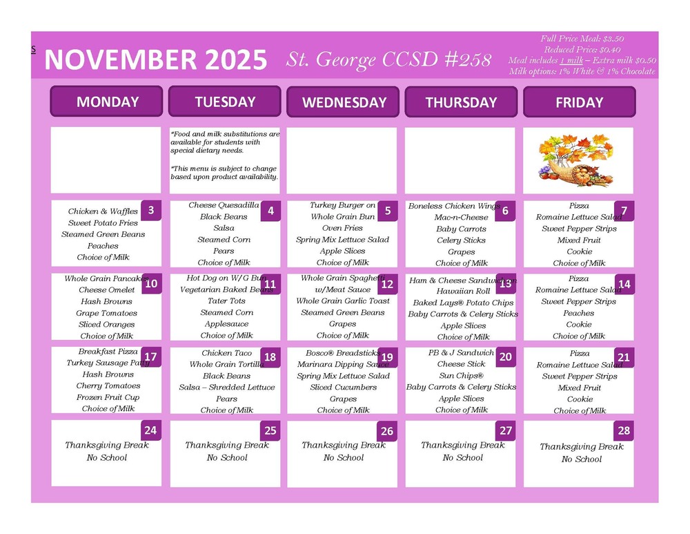 November Lunch Menu