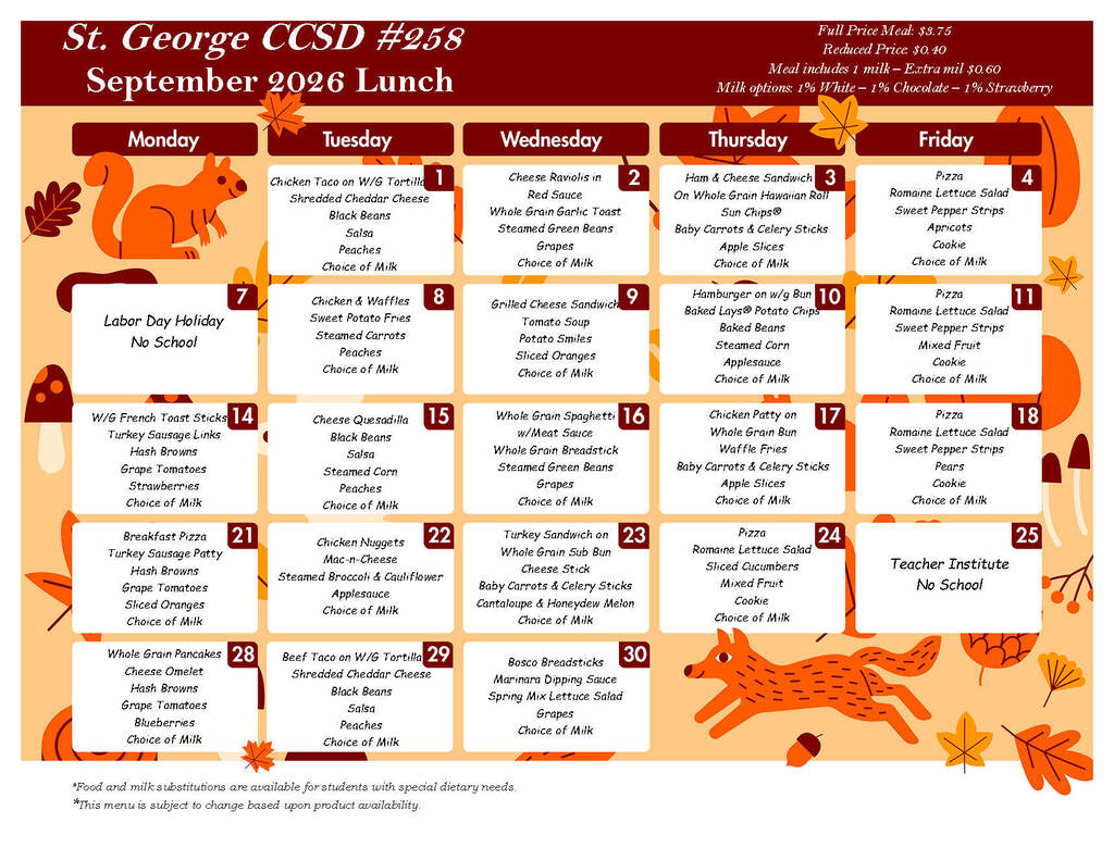 September 2026 Lunch Menu