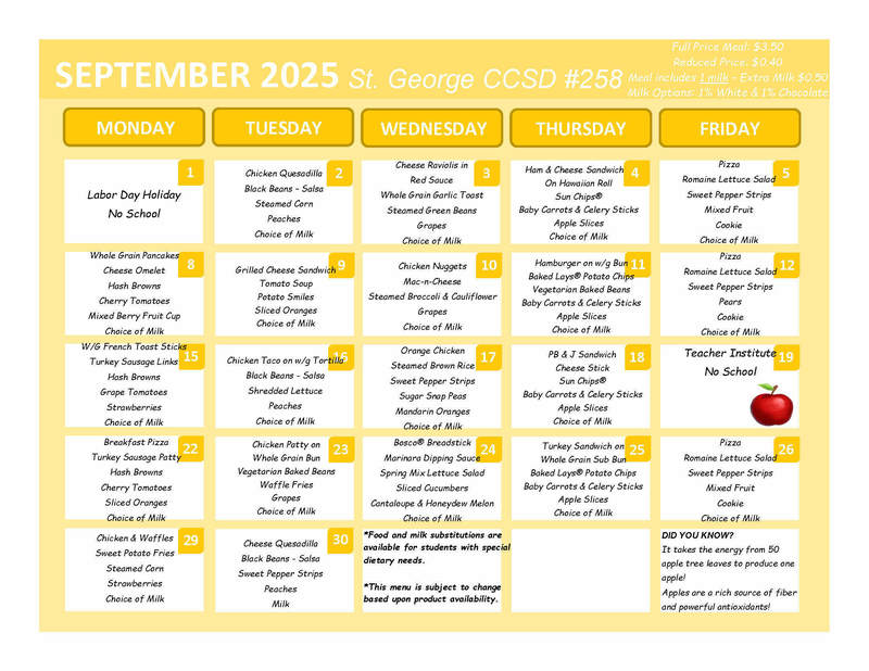 September 2025 Lunch Menu