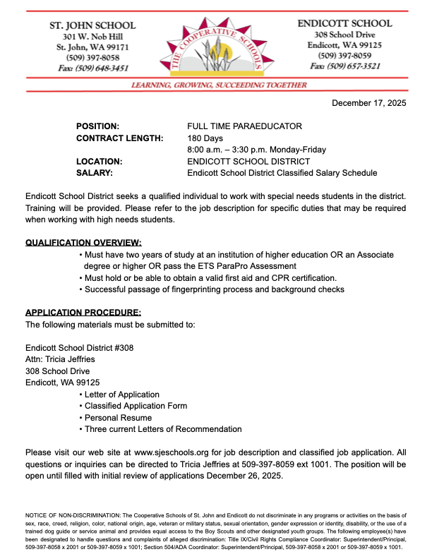 Paraeducator Job Posting