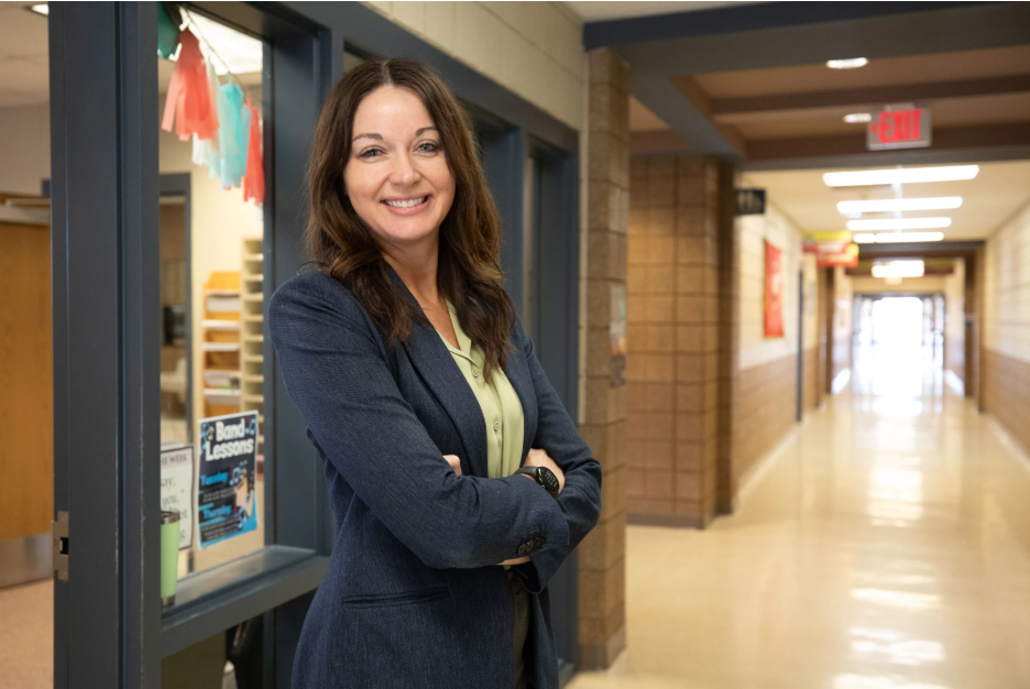 Principal Sarah Timmer pictured in St. John Paul II Elementary Hallway Photo by Adam Thury/Mitchell Republic
