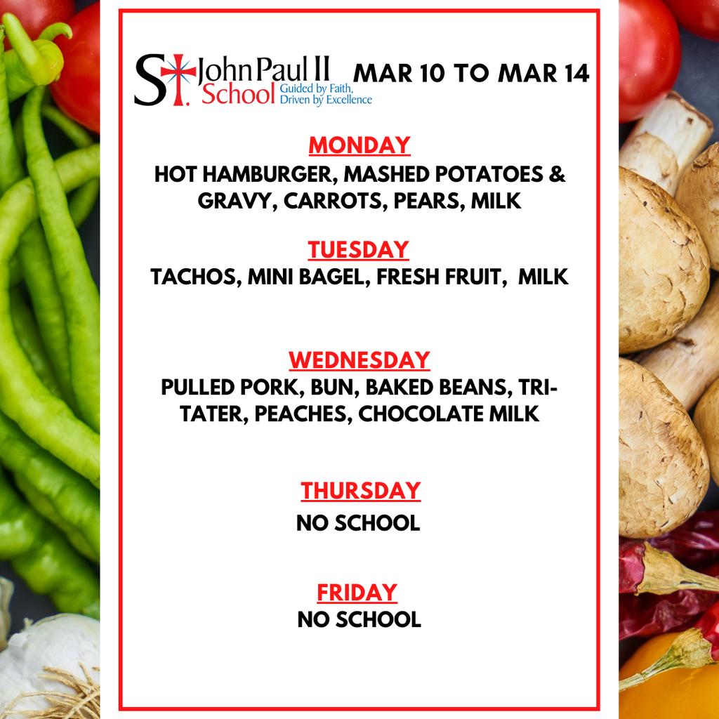 Lunch Menu for March 10th to March 14th