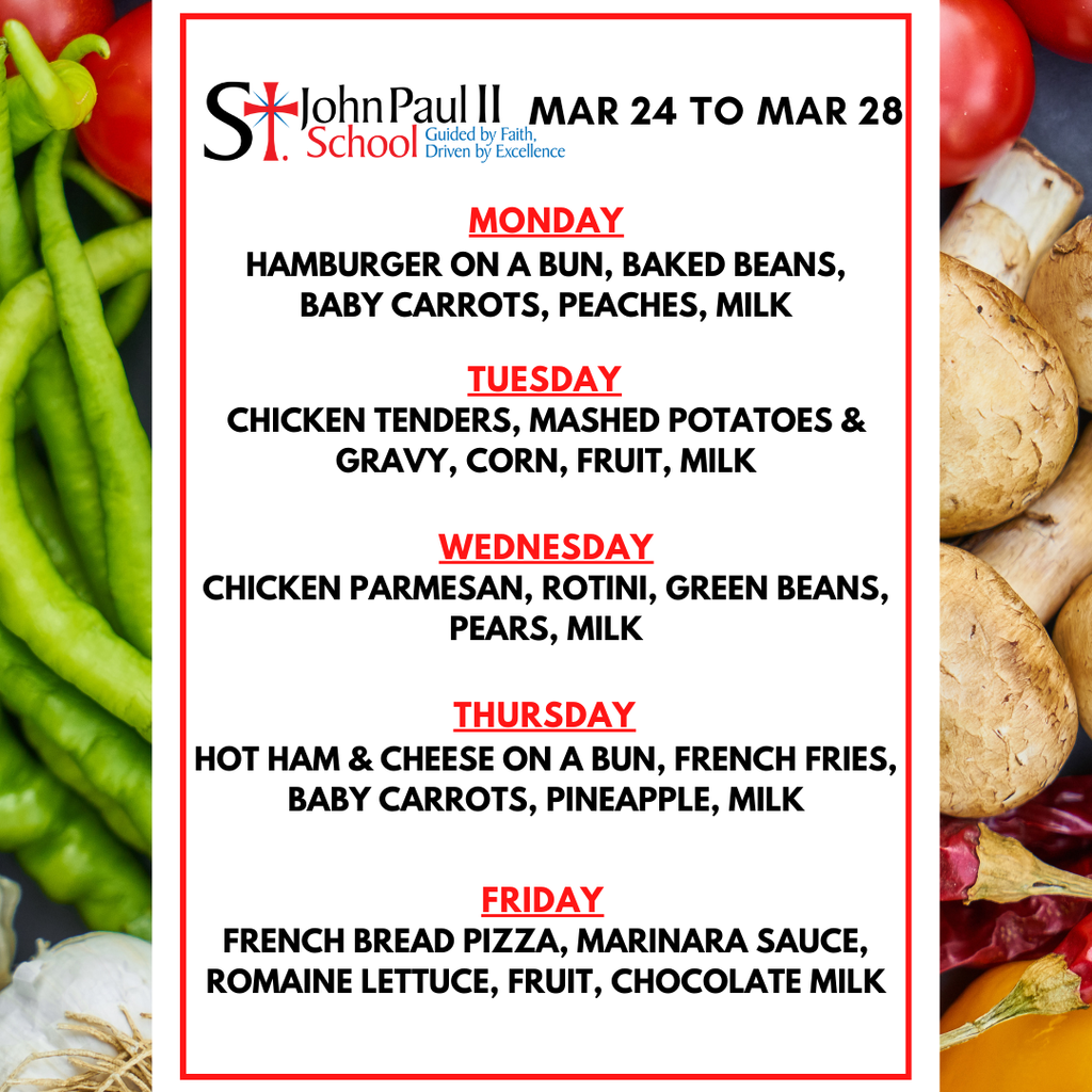Lunch menu for March 24th to March 28th