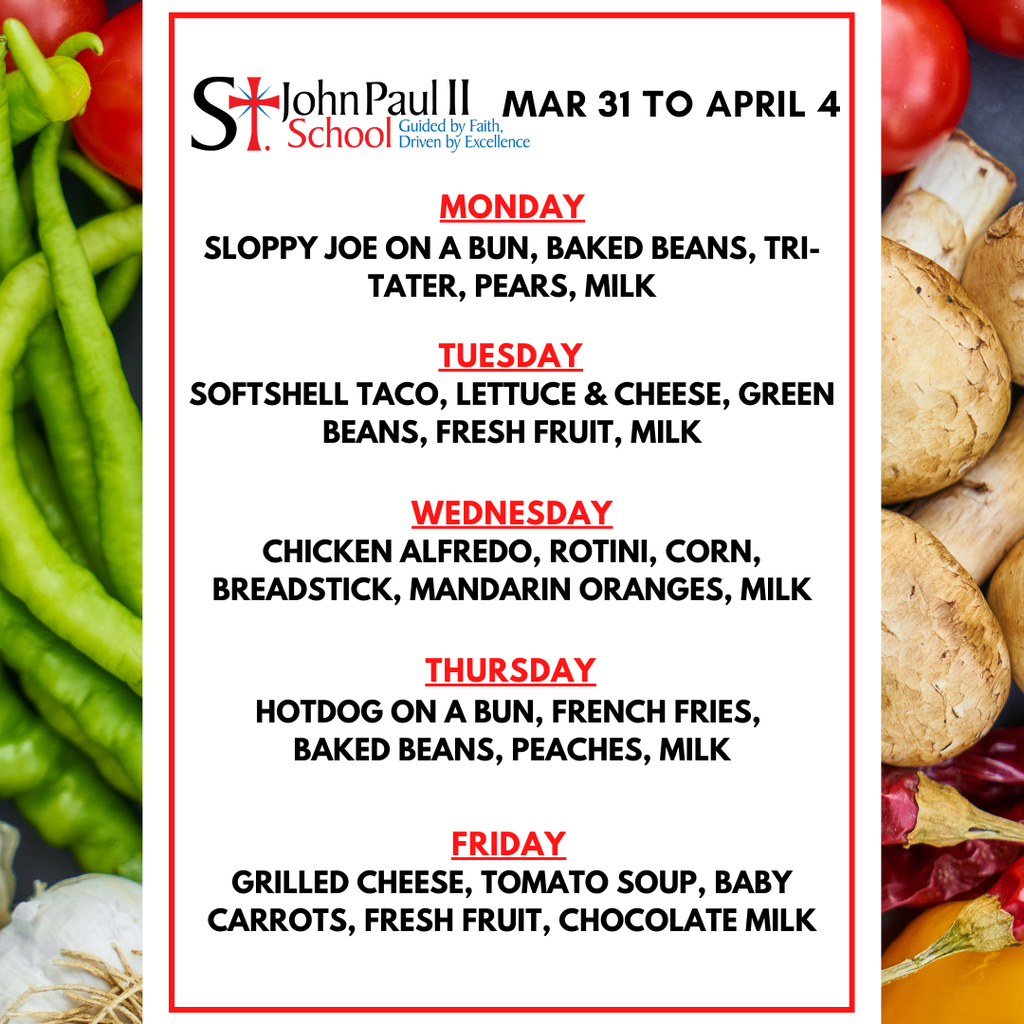 Lunch menu for March 31st to April 4th