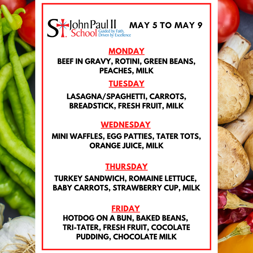Lunch menu for May 5th to May 9th